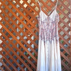 Free People Multicolor Print on Cream Ground Spaghetti Strap Maxi Sundress Small